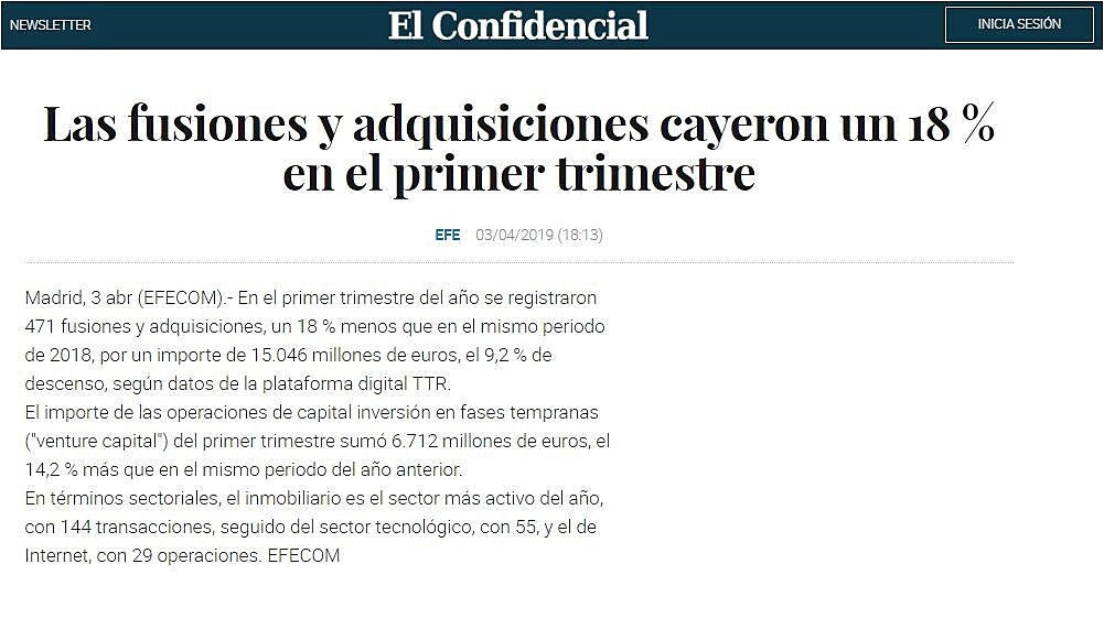 Las fusiones y adquisiciones cayeron un 18 % en el primer trimestre